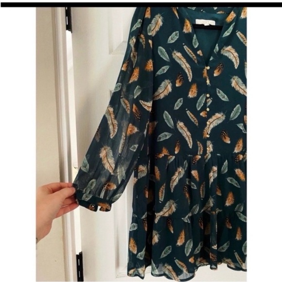 LOFT Teal Feather Print Babydoll Dress - Picture 7 of 10